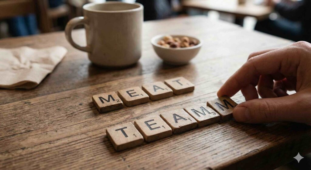 Eine Hand arrangiert Scrabble-Steine auf einem rustikalen Holztisch um, wobei sich das Wort MEAT in TEAM verwandelt. Ein Symbolbild für das Social Dining Konzept von 12meat: Über das Essen zur Gemeinschaft.