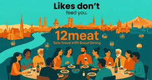 Illustration einer fröhlichen Gruppe beim Social Dining während einer Städtereise. Alleinreisende essen gemeinsam an einem großen Tisch, im Hintergrund eine Städte-Skyline.