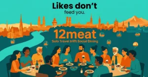 Illustration einer fröhlichen Gruppe beim Social Dining während einer Städtereise. Alleinreisende essen gemeinsam an einem großen Tisch, im Hintergrund eine Städte-Skyline.